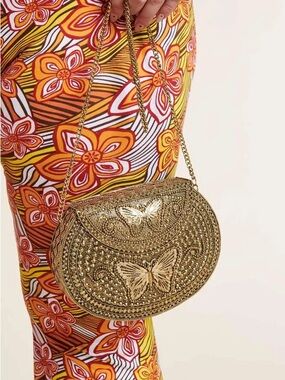 Earthbound Gold Beaded Butterfly Evening Crossbody Bag